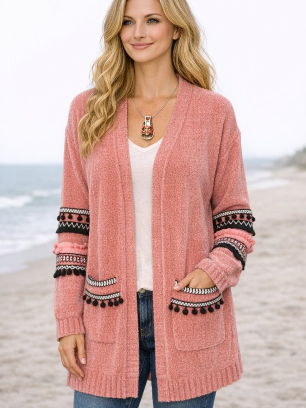 ANDTHEWHY Cozy Chenille Open Cardigan – Salmon & Black, Pockets, S/M